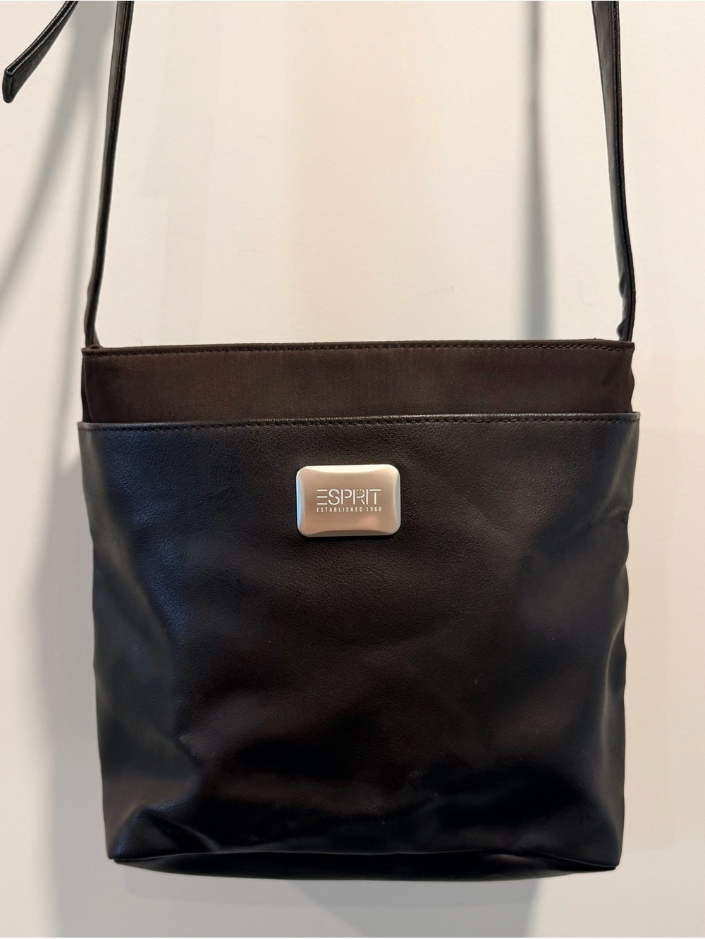 Vintage Esprit Black Mixed Media Crossbody Bag Nylon Leather Y2K Minimalist